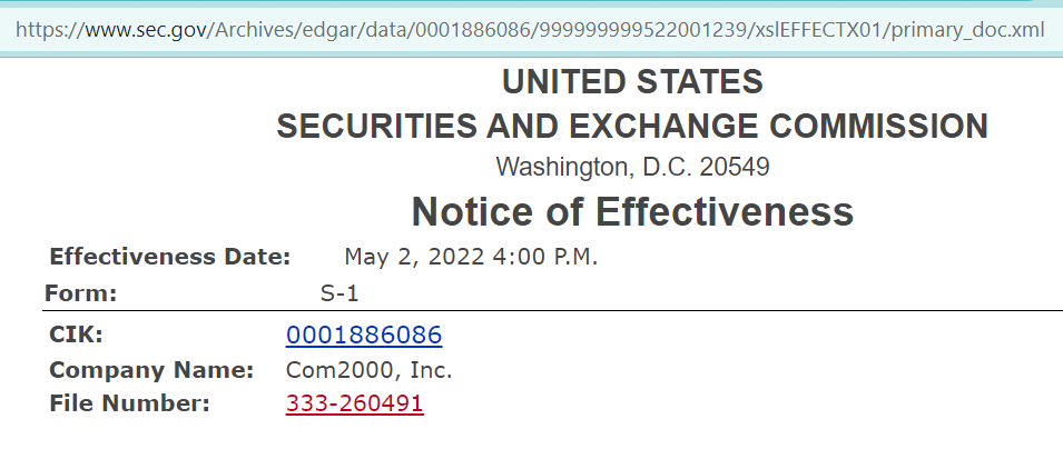 Com2000.com IPO SEC S1 Effective Notice